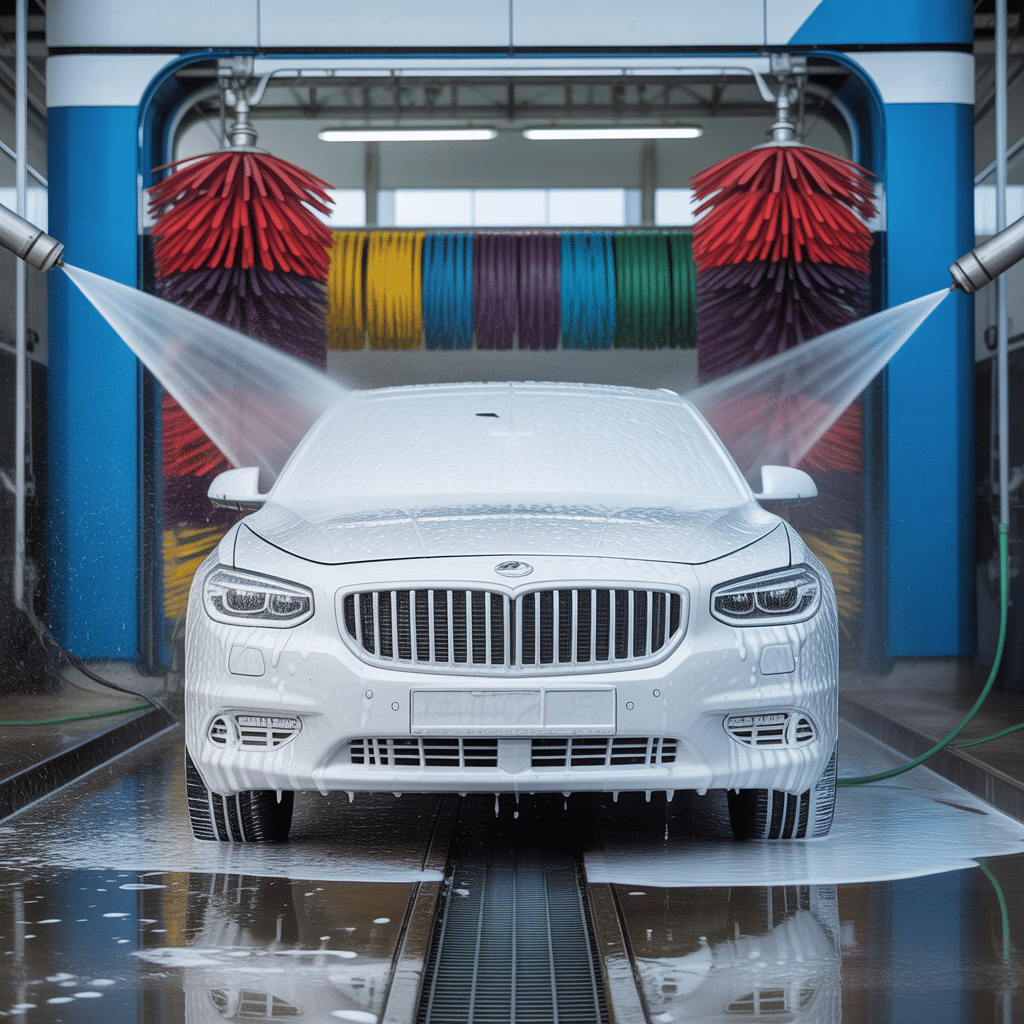 Voiture moderne couverte de mousse blanche lors d’un lavage automatique avec jets d’eau haute pression