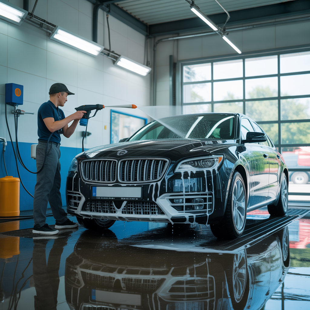 Shining car being cleaned by professional using high-pressure spray in modern car wash
