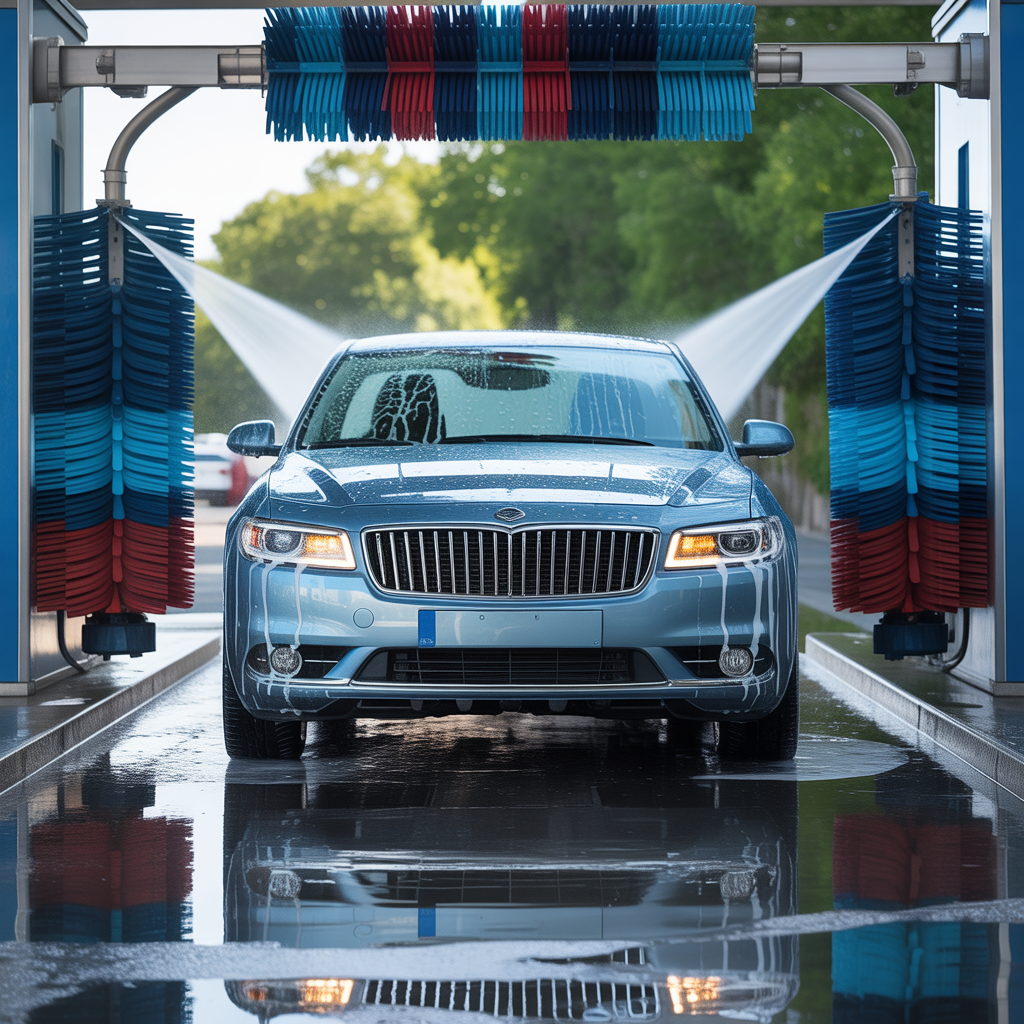 Clean shiny car leaving automatic car wash with water jets and foam in suburban area