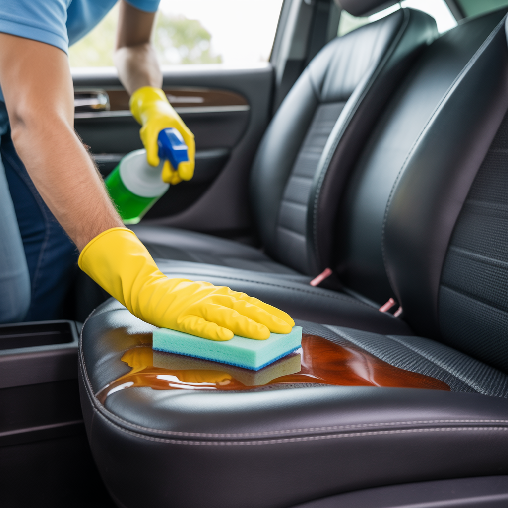 Personne nettoyant une tache sur un siège de voiture en tissu avec une éponge et une solution de nettoyage, aspirateur à proximité