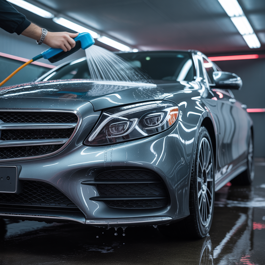 Gros plan sur un lavage professionnel d’une Mercedes-Benz brillante avec gouttes d’eau