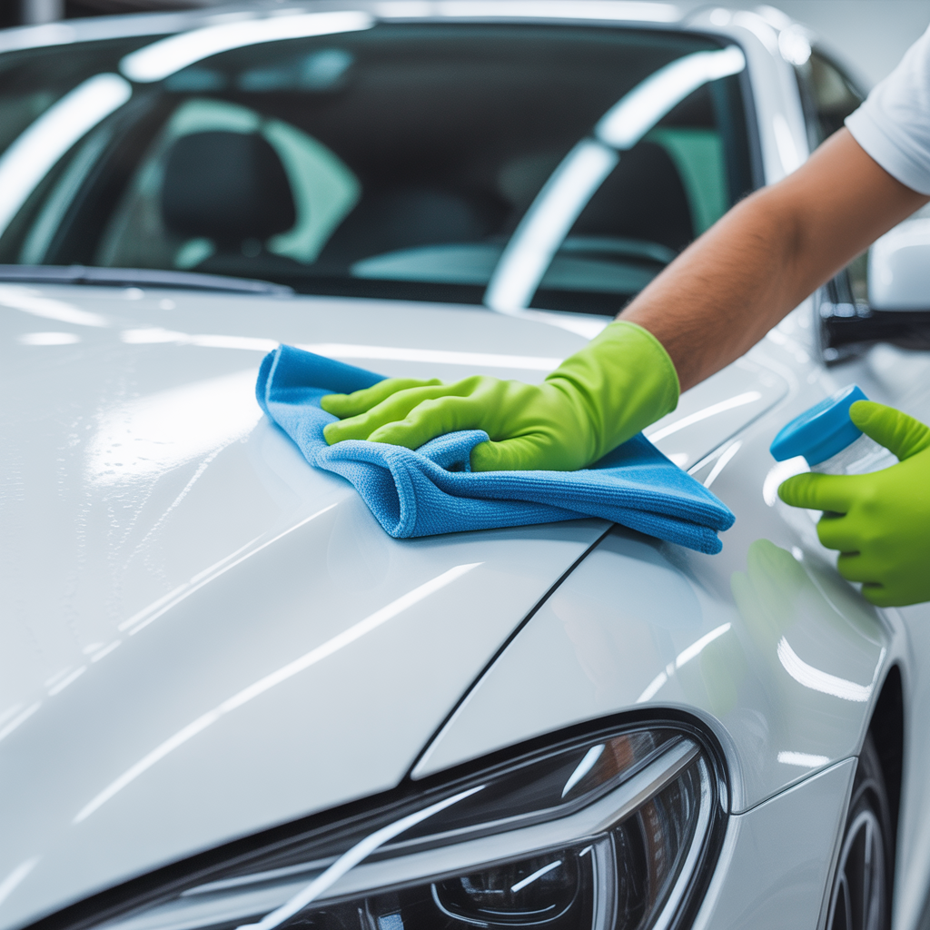 Gros plan sur un nettoyage professionnel d'une carrosserie de voiture blanche avec un chiffon en microfibre