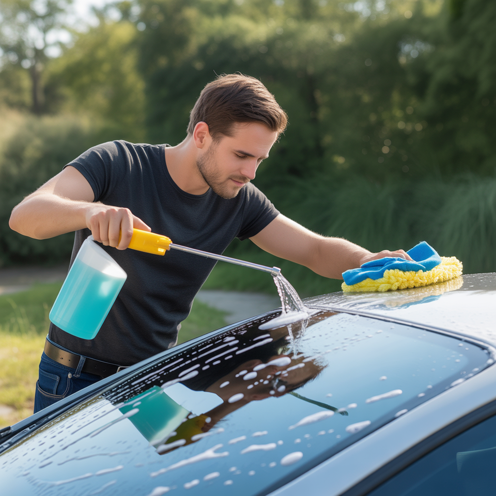 Man washing car roof with soapy foam using wash mitt, bucket with water and shampoo nearby in natural light